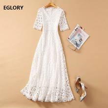White Lace Long Dress 2021 Spring Summer Runway Women V-Neck Hollow Out Lace Embroidery Short Sleeve Elegant Party Maxi Dresses 2024 - buy cheap