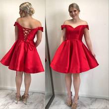 Off The Shoulder Red Homecoming Dresses 2021 Knee Length A-Line Backless Satin Simple Cheap Party Prom Gown With Lace-Up Back 2024 - buy cheap