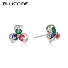 Blucome Three Petals Design Stud Earrings for Women Ear Piercing Bijoux Blue Cubic Zircon Figure Girls Wedding Party Earring 2024 - buy cheap