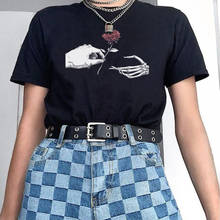 Camisa de manga gótica de manga t camisa de manga gótica kawaii esqueleto mão rosa goth grunge streetwear parte superior 90s egirl estética camisetas femininas harajuku roupas 2024 - compre barato