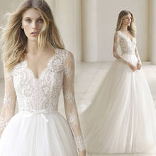 Long Sleeve Lace Light Wedding Dress 2021 Deep V-neck  A-line Bride Dress Princess Vestido De Noiva Light Wedding Dress 2024 - buy cheap