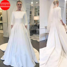 Three Quarter Sleeves Wedding Dresses 2020 Meghan Markle Style Boat Neck Buttons Back A Line Bridal Gown White Satin Trouwjurk 2024 - buy cheap