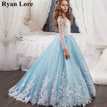 Elegant Light Blue Flower Girl Dresses 2020 New Appliques Long Sleeves Princess For Weddings First Communion Dress Pageant Gowns 2024 - buy cheap
