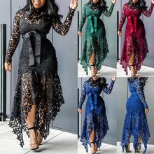 Women Classic Dress Long Sleeve Bow Knit Belted Irregular Hem Hollow Lace Sexy Bodycon Solid Color Long Dress plus size XXXXL 2024 - buy cheap