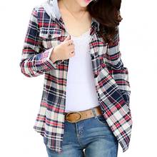 Women Fashion Loose Long Sleeve Classic Plaid Hood Button-up Cotton Shirt Coat 2024 - buy cheap