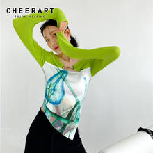 CHEERART-Camiseta de manga larga para mujer, remera asimétrica de retales verdes con botones de Metal, camiseta de diseño, moda coreana 2024 - compra barato