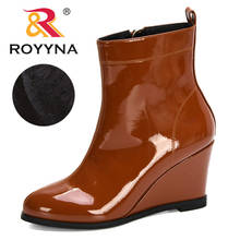 ROYYNA 2020 New Arrival Ankle Boot Women Round Toe Wedge Heels Shoes Ladies Patent Leather Boots Feminimo Winter Plush Warm Boot 2024 - buy cheap