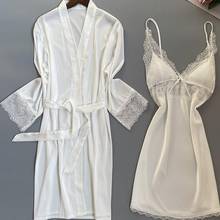 Комплект свадебного кружевного халата, кимоно, банная рубашка, атласная одежда для подружки невесты, пикантная ночная рубашка с V-образным вырезом, ночная рубашка, Женский комплект из 2 предметов, Халат 2024 - купить недорого
