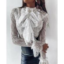 Sexy Elegant Women's Ladies Full Lace Front Big bow knot Long Flare Sleeve Pullover Tops Shirt OL Evening Party Soild Blouse 2024 - buy cheap