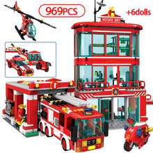 Construcción del equipo de bomberos para niños, 969 piezas, policía, bloques de construcción, ciudad, estación de bomberos, camión, coche, bombero, figuras, piezas, Juguetes 2024 - compra barato