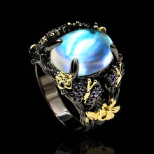 CHARLINLIOL-Anillo de plata de primera ley con forma de flor para mujer, sortija, plata esterlina, piedra lunar, Color negro, dorado, estilo gótico, boda, fiesta, nuevo diseño 2024 - compra barato