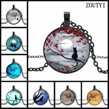 2020 / Stylish Blue Moon Twig with Cat Glass Round Pendant Necklace, Men's & Women's Jewelry Necklace 2024 - buy cheap