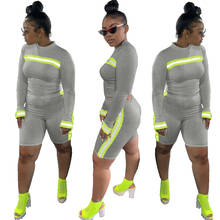 Grey color neon green striped 2 piece set women o-neck full sleeve top and biker shorts casual tracksuit outfit MDN8282 2024 - buy cheap