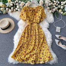 2020 summer women sweet Pleated dress vintage elastic waist short sleeve floral print dress elegant doll collar midi dresses 2024 - buy cheap