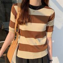 Summer Korean Striped Knitted Pullover Sweater Women Short Sleeve O-neck Slim Tops Korean Color-blocked Ladies Jumper Femme 2021 2024 - buy cheap