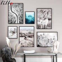 Póster nórdico con imagen de paisaje, lienzo impreso, pintura escandinava para pared, decoración del hogar, bosque, ciervo, nieve, Invierno 2024 - compra barato