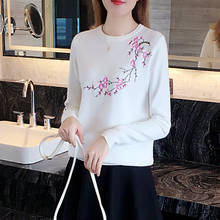 Pulôver feminino tricotado para outono 2019, blusão feminino com bordado de flor ameixa, tricotado 2024 - compre barato