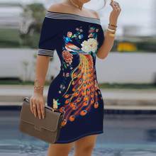 Sexy Women Short Sleeve Off Shoulder Floral Peacock Print Bodycon Mini Dress 2024 - buy cheap