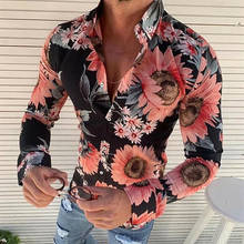 Camisas floridas masculinas, camisas casuais de manga comprida para homens, camisetas florais slim fit para primavera e outono, camisa com gola turn-down 2024 - compre barato