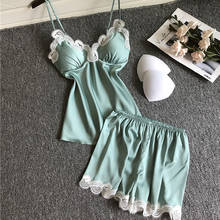 Daeyard Sexy Lace Women's Silk Pajamas Set Slim Sling And Shorts 2 Pieces Pijamas Casual Summer 2020 Female Pyjamas Nightwear 2024 - buy cheap