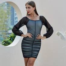 2020 Women Sexy Mesh Rushed Full Sleeve Black Bandage Dress Evening Designer Celebrity Elegant Chic Vintage Party Dress Vestido 2024 - buy cheap