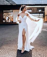 Sexy Beach White Cheap Wedding Dress Side Split 2020 Chiffon Boho Country Gowns V-neck Puffy Sleeve Princess Bridal Plus Size 2024 - buy cheap