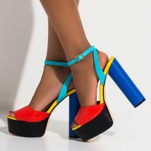 Mixed Color Patchwork Chunky Heel Sandals Ankle Strap Red Blue Leather High Platform Thick High Heel Dress Shoes Gladiator Shoe 2024 - buy cheap