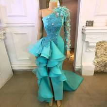 Real Photos Evening Dresses Aqua Beads robe de soiree abiye Evening Dress One Shoulder abendkleider Slit Feather Party Gown 2024 - buy cheap