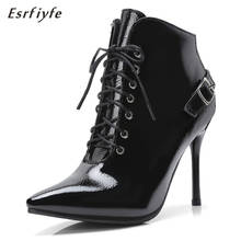 Esrfiyfe botas femininas de salto alto, novo bico em couro envernizado preto, com cadarço, sapato preto para outono e inverno, 2020 2024 - compre barato