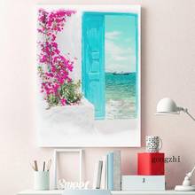 Watercolor Greek Island Beach Landscape Poster Santorini Blue Gate Canvas Painting Prints Wall Art Pictures Living Room Decor 2024 - buy cheap