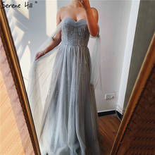 Grey Off Shoulder Sexy A-Line Evening Dresses 2021 Tulle Sequins Beading Sleeveless Formal Dress Serene Hill LA70377 2024 - buy cheap