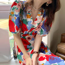 South Korea Chic Retro Elegant V-Neck Color Flower Design Elastic Waist Thin Puff Sleeve Dress Female 2024 - buy cheap