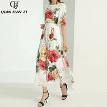 Qian Han Zi модное летнее подиумное Макси-платье 2021 женское с оборками рукава цветочный принт элегантное тонкое длинное платье 2024 - купить недорого