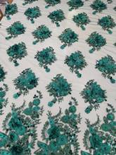 latest handmade green color embroidered net lace fabric with 3D flower JOY-3910 beaded african tulle lace for party dress fabric 2024 - buy cheap