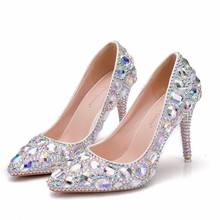 Sapato feminino salto fino bico fino 9.5cm, calçado feminino delicado strass sapato salto alto prateado roxo 2024 - compre barato