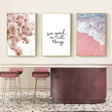 Póster de lienzo de estilo nórdico moderno para pared, cuadro elegante de flor rosa con frase de playa, decoración del hogar, pintura de pared para sala de estar 2024 - compra barato