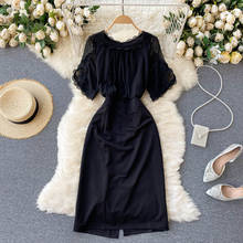 Weihaobang-novo vestido feminino de verão, manga curta, plissado, casual, cintura alta, malha, preto, slim, 2021 2024 - compre barato