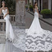 2020 Wedding Dresses Spaghetti Straps Backless Lace Appliques Satin Bridal Gowns Custom Made Sweep Train Mermaid Wedding Dress 2024 - buy cheap