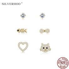 SILVERHOO 925 Sterling Silver Heart Kitten And Bowknot Fish Bone Earring Set Shiny Zircon Small Stud Earrings For Women Jewelry 2024 - buy cheap