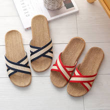 Wholesale Men's Linen Slippers Male Flax Slides Indoor Bathroom Home Shoes Women's/Man Cross Stripes Flip Flops Couple Sandals 2024 - buy cheap