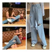 kpop Korean Celebrity same new Fashion broken holes slim high waist jeans women summer streetwear loose wild Wide leg jeans 2024 - buy cheap