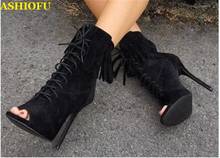 ASHIOFU-Botas de tacón alto hechas a mano para mujer, botines con flecos y cordones, con punta abierta, para fiesta de graduación, moda de otoño y Noche 2024 - compra barato