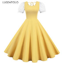 Lugentolo Vintage Women Dress Princess Short Sleeve Mesh Solid Dresses Slim-fit  Big Swing Lady Elegant Party Dress 2024 - buy cheap