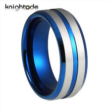 Синее кольцо из карбида вольфрама 8 мм для мужчин и женщин, обручальное кольцо со скошенными краями, серебристое Рифленое центральное плоское матовое покрытие, удобная посадка 2024 - купить недорого