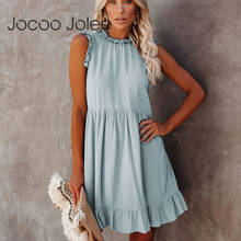 Jocoo Jolee Women Ruffles Round Neck Off Shoulder Sleeveless Ruched Summer A-Line Casual Mini Dress Solid Basic Loose Party 2024 - buy cheap