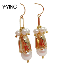 Freshwater White Pearl Gold color Plated flower Bud Charms Drop Hook Earrings luxury handmade for women 2024 - buy cheap