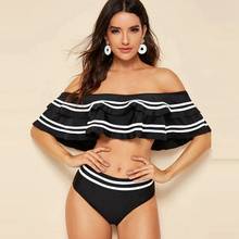 Ruffled Bikini High Waist Swimsuit Striped Bathing Suit Off Shoulder Swimwear Women Sweet Biquini Brazilian Sexy Bikini 2020 2024 - buy cheap