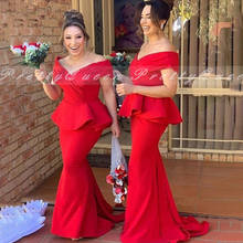 Vestidos De dama De honor largos De sirena roja con Peplum para mujer, vestido Formal De fiesta De boda con hombros descubiertos, bata De boda 2024 - compra barato