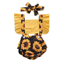 2020 roupas de verão do bebê recém-nascido menina macacão plissado sunflowers impressão sem mangas quadrado pescoço macacões bandana 2 pçs outfit 2024 - compre barato