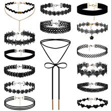 BONISKISS 14PCS/SET Gothic Chokers Black Beaded Flowers Sexy Lace Neck Choker Necklace Tassel Chain Women Steampunk Jewelry 2024 - buy cheap